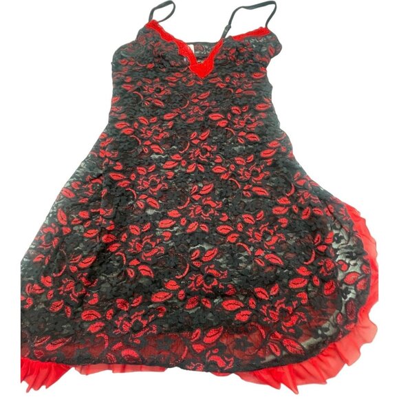 Secret Treasures Lingerie Red Black Lace Chemise Nightgown nylon small READ - Picture 1 of 8